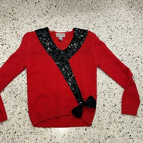 Red Lauren Cole silk angora sequin bow front sweater puff sleeve small s petite - Picture 1 of 5